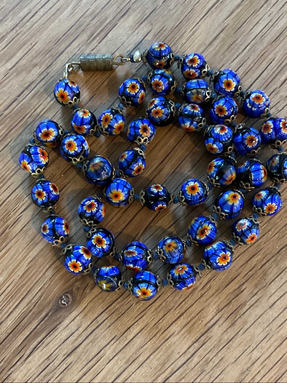 Vintage Murano Blue Millefiori Glass Bead Necklace